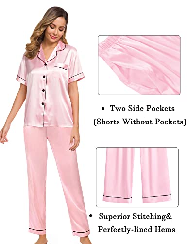 SWOMOG Womens Satin Pyjama Sets Ladies Silk Nightwear 3 Piece Short Sleeve Pj Set Button Down Sleepwear Set Loungewear - Image 5