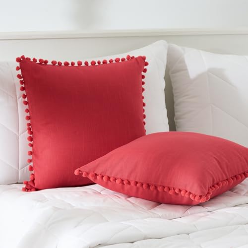 Image of 100% Cotton Pom Pom Cushion Without Filler, Elegant & Modern Cushion Cover for Living Room, Square Shape, 20 inchx20 inch, uni slub, Set of 4 - Viva Magenta