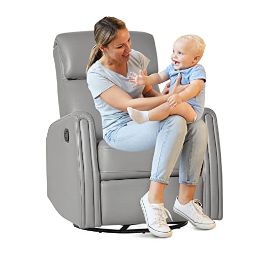 Colamy 360° Swivel Glider Recliner Chair For Nursery, Manual Reclining Single Sofa With Retractable Footrest, Pu Leather Rocking Armchair For Living Room/Bedroom, Grey #TOP5