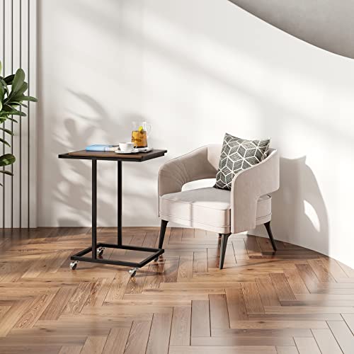 Novilla Snack End Table C Shaped Side Table With Rolling Casters Small Table For Sofa Laptop Coffee Snack In Living Room Bedroom, Walnut #TOP1