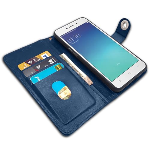 Image of Pikkme Oppo A37 Flip Cover Leather Finish | Inside TPU with Card Pockets | Wallet Stand and Shock Proof | Complete Protection Button Flip Case (Blue)