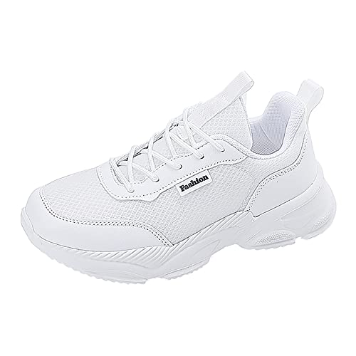Zapatillas deportivas de malla para mujer, con cordones, absorción de impactos, suela suave, cómodas, para el tiempo libre, senderismo, ligeras, planas, para exteriores, cien colocación, Blanco, 41 EU