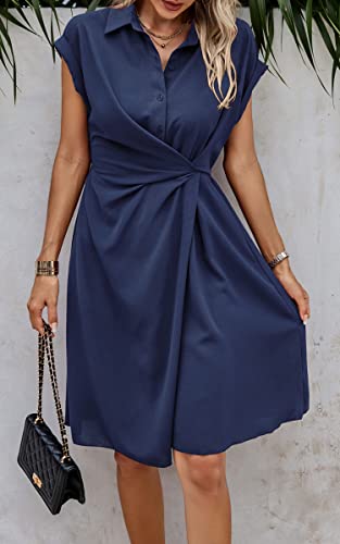 Image of ECOWISH Womens Casual Midi Dresses Solid V Neck Short Sleeve Button Shirt Belted Dress with Pockets for Spring Summer 2026
