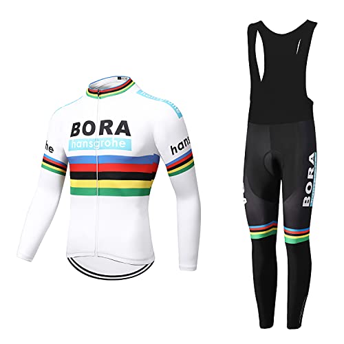 Linarun Conjunto de maillot de ciclismo para hombre de manga larga + pantalones de ciclismo con acolchado 5D, ropa de ciclismo transpirable y de secado rápido, BORA-blanco-manga larga, XXL Cover