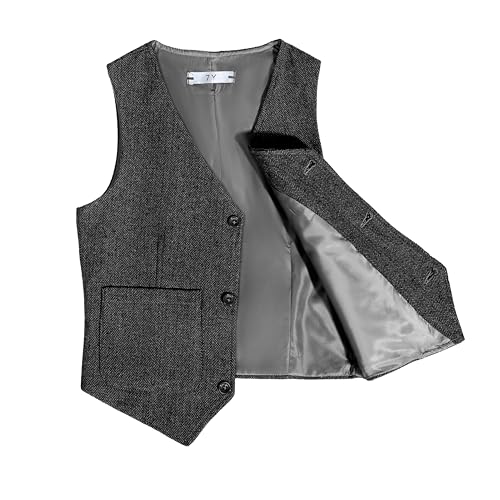 Image of Boys Retro Tweed Vest for Kids Classic Casual Waistcoat | vintage herringbone, toddler little kids vests, flap pocket, sleeveless, slim fit, wedding outfit, christmas birthday party
