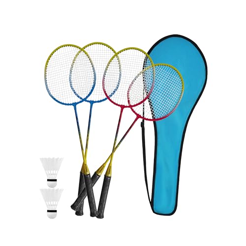 PUREFIT 4 Pcs Badminton Set Includes 4 Rackets 2 Shuttlecocks & Carry Case Tempered Steel Single Piece Racquets 4 Players Set Outdoor Garden Kids Adults Family Racket Game