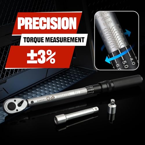 DANGKIY Drehmomentschlüssel Auto, 40–210 N.m Drehmomentschlüssel 1/2 Zoll, 6-tlg. Torque Wrench mit 125 mm Verlängerung, 1/2\-3/8\ Adapter & 3 Stecknüssen – Für Reifenwechsel & Motorrad