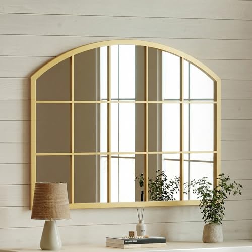 Image of Uniclinens Window Arched Wall Mirror - Gold Window Pane Mirror Decor with Metal Frame, Farmhouse Ideal Decor for Entryway, Bedroom, Living Room, Bathroom 32 inchX24 inch