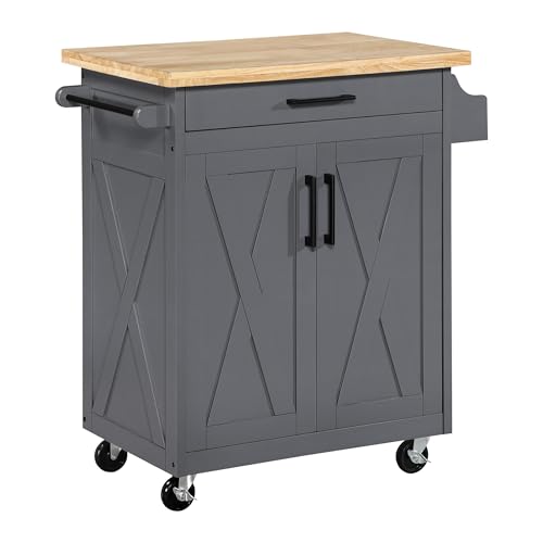 OSP Home Furnishings Bolten Farmhouse Kitchen Cart with Butcher Block Top, Rolling Island with Storage Cabinet and Drawer, 35.5H x 32W x 19D inches, Grey by OSP Home Furnishings - Used condition - US$176.20