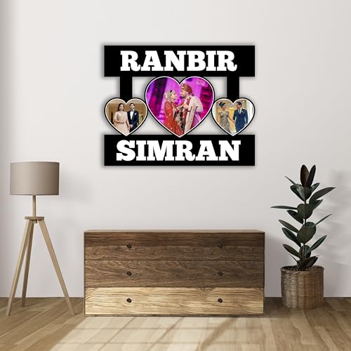 Image of Shrikant Art Personalized Couple Multi-Photo Collage Wall Hanging - Custom Name Wooden Picture Frame with 3 Heart-Shaped Photo Slots for Weddings and Anniversaries