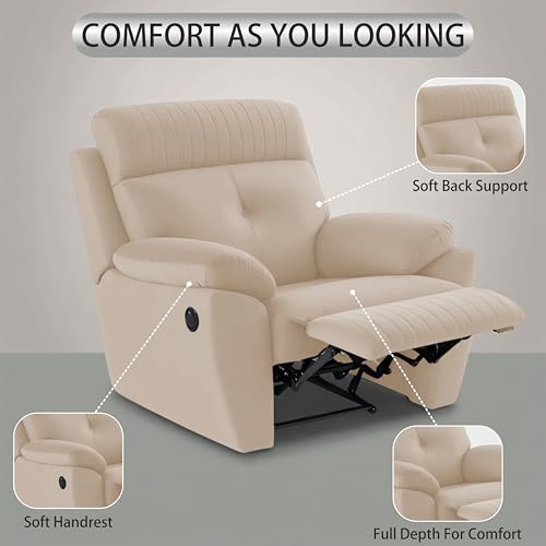 Image of Adorn India Premium Majestic 1 Seater Recliner Manual Sofa Chair | Cream Suede Velvet Fabric | Soft Padded Back Rest & Handrest | Living Room Recliner Chair | 3 Years Warranty