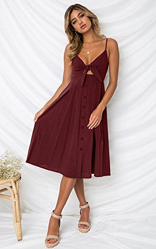 Image of ECOWISH Women 2026 Summer Dresses Tie Front V-Neck Spaghetti Strap Button Down A-Line Backless Swing Midi Dress