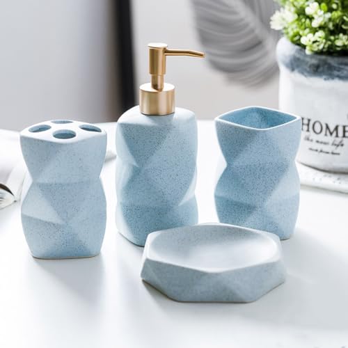 Frafuo BlueNordic Ceramic Bathroom Accessories Set of 4, Irregular Modern Nordic Style Toothbrush Holder, Soap Dish, Tumbler Cup, Liquid Soap Dispenser, Blue Bathroom Decor Set (Blue)