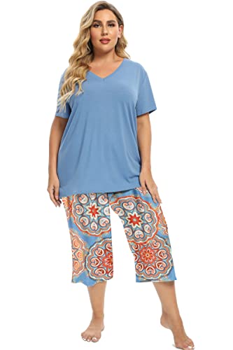 Image of Vozanet Women's V Neck Sexy Pajamas Capri Sets Mexican Style Floral Sleepwear 2PCS Totem Casual Nighty Plus Size M to 5XL