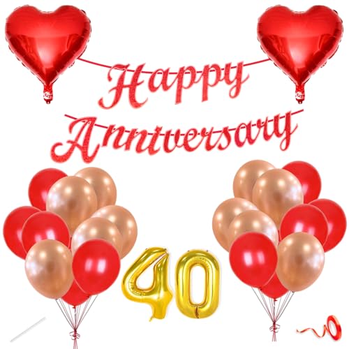 Image of Flyloons 40th Happy Anniversary Decoration Items Red Rose Gold for Men Women Husband Wife Mom Dad Parent Couple Home Bedroom Car With 20 Pcs Metallic Balloons Anniversary Banner 2 Pcs Heart Set Kit