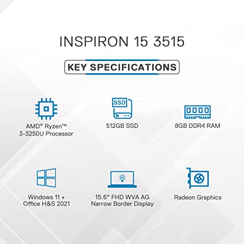 Image of DELL Inspiron Windows 3515 Laptop, AMD Ryzen3-3250U, Win11 + Office' 21, 8GB GDDR4, 512GB SSD, 15.6 inch (39.62Cms) FHD AG, Platinum Silver - D560795WIN9S, 1.8Kgs