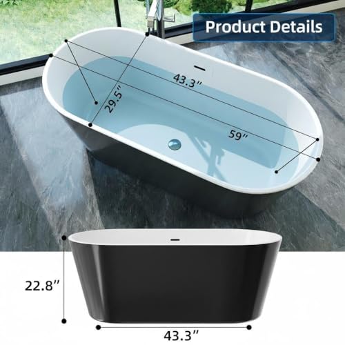 Image of 59 Inch Freestanding Bathtub, Acrylic, Deep Soaking Tub with Non-Slip Base, Modern Black Free Standing Tub for Bathrooms, cUPC Certified with Chrome Drain