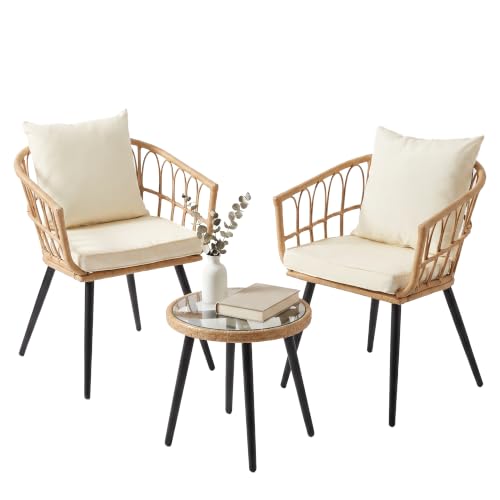 Oufohomtlay 3 Piece Bistro Set,Rattan Table and 2 Chairs for Patio, Beige