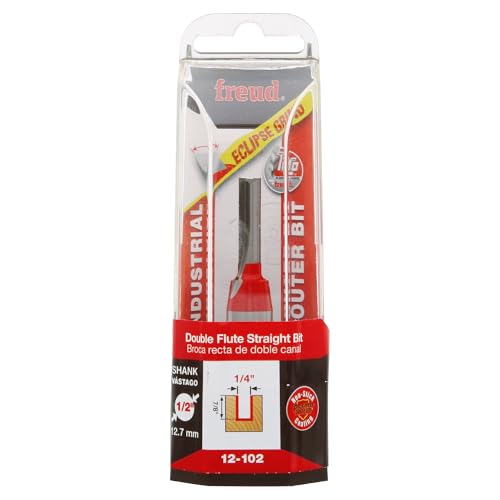 Image of Freud 12-102: 1 /4 inch (dia.) Double Flute Straight Bit with 1 /2 inch shank, 2-7 /8 inch overall length,Red