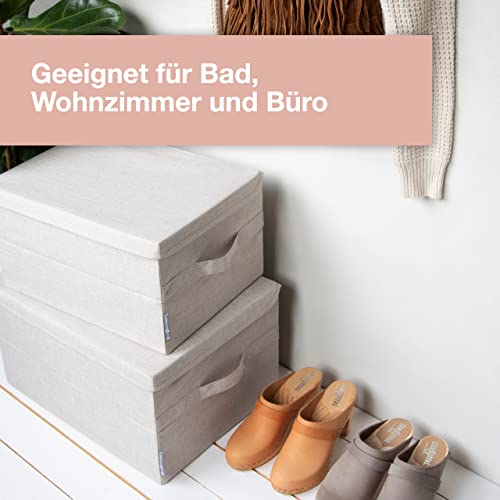 BIGSO mittelgroße Aufbewahrungsbox mit Deckel und Griff – Schrankbox aus Polyester und Karton in Leinenoptik – Faltbox für Kleidung, Bettwäsche, Spielzeug usw. – beige