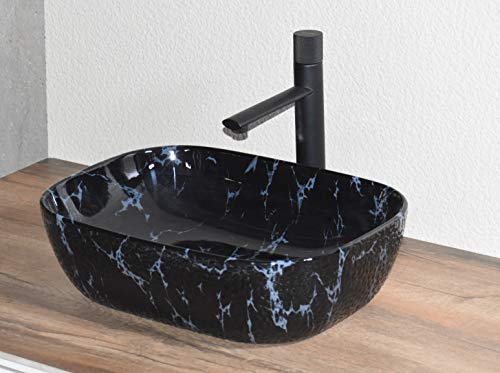 Image of InArt Ceramic Wash Basin /Vessel Sink /Over or Above Counter Top Wash Basin for Bathroom Rectangle Shape Black Marble Color 18 x 13 x 5.5 Inch