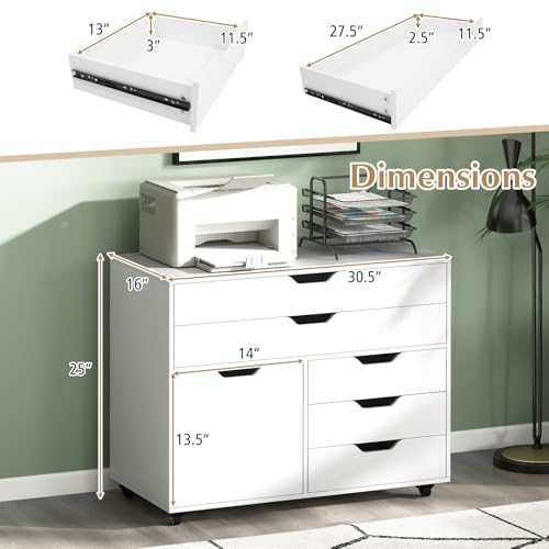 Image of DREAMADE File Cabinet, Rolling File Cabinet with 5 Drawers, Door & Lockable Metal Wheels, Mobile Filing Cabinet with Storage, Wood Printer Stand for Home Office Study (White)