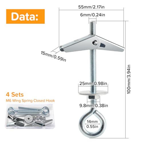 Lyeteung 4 Sets M6 Wing Spring Hook, Spring Toggle Wing Closed Hook, Ceiling Plasterboard Mount Hook, with Hex Nuts, Washers - Image 2