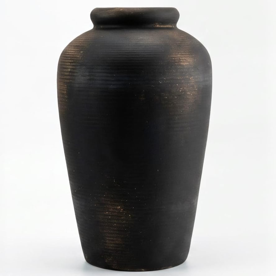 Raven Black Textured Decorative Ceramic Vase, 27 cm Tall, Modern Tapered Black Vase for Dried Flowers, Shelf, Console Table and Living Room Décor