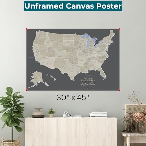 Image of Earth Tone USA Map with Pins Canvas Poster - Personalized United States Travel Map - Rolled Canvas Wall Art - Large 30 inch x 45 inch