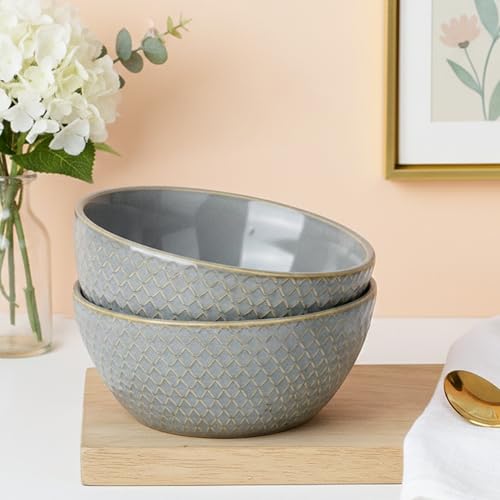 Image of The Earth Store Grey Embossed Ceramic Bowl Set of 2 - 500ML Each | Ceramic Mixing Bowls for Snacks, More | Rice, Dal, Fruits, Salad | Microwave Safe Bowl Set | Perfect for Gifting & Daily Use