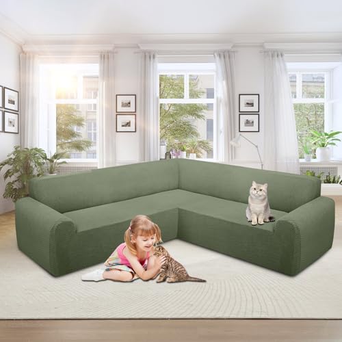 ALIECOM Stretch Corner Sectional Couch Covers L Shape Sofa Covers Washable Sectional Slipcovers U Shape Jacquard Living Room Pet Dogs Furniture Protector with Elastic Bottom (Light Green, Small) by ALIECOM - Image 2