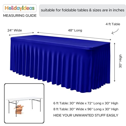 Image of HolidayIdeas Royal Blue 4ft Rectangle Spandex Tablecloth 2 Pack Fitted Stretch Table Skirts 24x48 Inch, Ruffle Design Wrinkle-Free Polyester Table Cover for Banquets,Trade Shows, Parties, Events