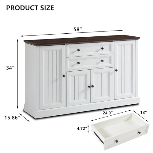 Ifget SYA23019 Farmhouse 58 Inch Buffet Cabinet With Storage, 34 Inch Tall Coffee Bar Cabinet W/2 Large Drawers & 4 Grooved Barn Doors, Wood Rustic Sideboard Buffet Cabinet thumb #1