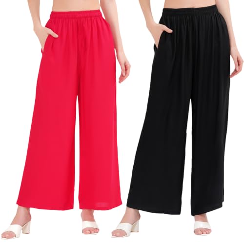 Image of Buy That Trendz Palazzo Pants for Women Cotton Rayon Elasticated Regular Fit Flared Wide Leg M to 6XL Pack of 2