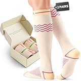 WAKEFEET 2 Paar Kompressionsstrümpfe Damen, Kompressionsstrümpfe für langes Sitzen Stehen, Anti-Rutsch Pragnant Socken, Beige, S-M