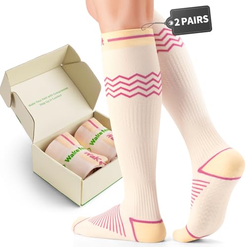 Wakefeet 2 Pairs Compression Socks for Women, Compression Stockings Pregnancy for Leg Discomfort, Fatigue, Soreness, Prolonged Sitting, Anti-slip