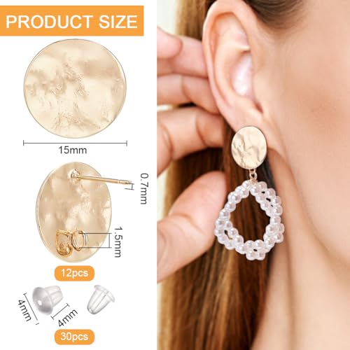BENECREAT 12Pcs 18K Real Gold Plated Brass Round Stud Earring Findings 15mm Hammered Earring Findings with 30Pcs Ear Nuts for DIY Earrings Jewelry Craft Making Supplies - Image 2