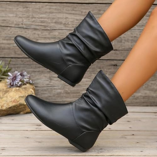 Women's Slouchy Leather Ankle Boots,Low Heel Booties Outdoor Comfy Casual Waterproof Classic Winter Riding Boots Vintage Round Toe Slip On Mid Calf Fashion Comfortable Walking Shoes 5
