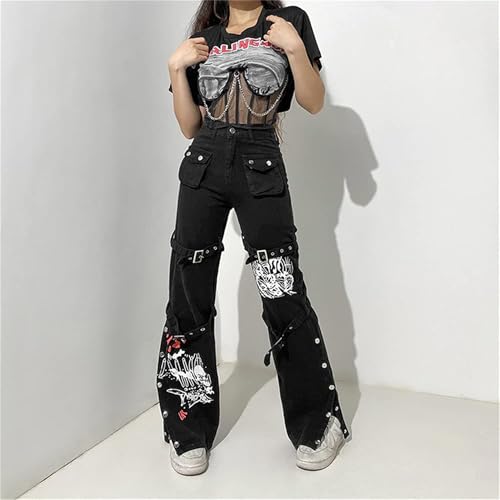 Harajuku Gothic Fashion Patchwork Black Jeans Punk Grunge Aesthetic Women Autumn Electro Pants Emo Printed Streetwear3