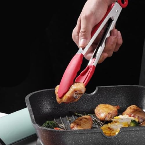 Image of Baskety Tongs Non-Stick Stainless Steel Silicone Kitchen Food Cooking Tongs Basting Oil, Sauce Brush Set for Grilling BBQ and Cooking Utensils (9 Inch Red with Brush)