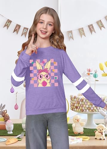 Image of LAZYCHILD Kids Easter Shirt Girls Happy Easter Shirts Rabbit Graphic Long Sleeve Striped Tee Tops 5-14 Years