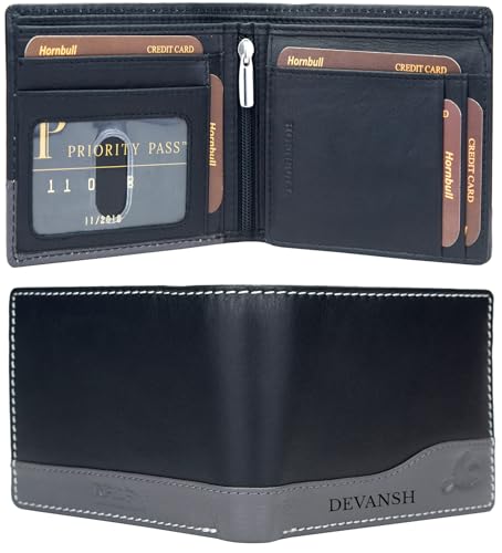 Image of HORNBULL Men's Personalized Wallet I Customized Slim Stylish Leather Purse with Name I Unique Birthday Gift for Men Boy Love Husband (Black /Gry)