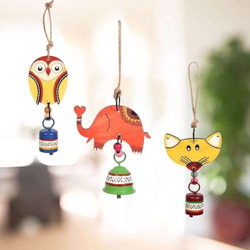 Image of Aakriti Art Creations Niyo Trio Wooden Animal Hanging Bells Set of 3 | Handmade Modern Art Wooden & Metal Wind Chimes | Indoor & Outdoor Hanging for Balcony, Garden, Living Room & Gifting
