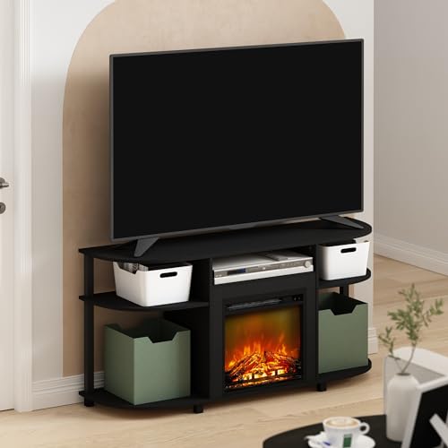 Image of Furinno Jensen Fireplace TV Stand, Curved Entertainment Center, TV Console for TV up to 55 Inch with Fireplace and Open Storage, for Living Room, Bedroom, Americano