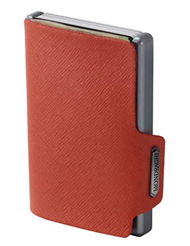 Saffiano Wallet | RFID protection integrated into the note clip Stop and Go | Aluminum shell | Leather Miniwallet, Saffiano (ORANGE). Made in Italy.