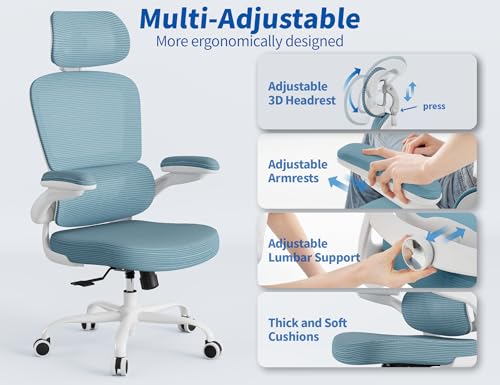 Image of TRALT Ergonomic Office Chair - Desk Chair with Adjustable Headrest Lumbar Support Computer Chair - Mesh Comfy Chair with Flip-up Armrests - Gaming Chairs for Adults Home Office (PU Leather, Blue)
