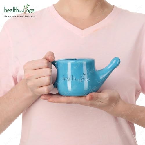 Image of HEALTHANDYOGA FloJar Ceramic Jal Neti Pot (250 ml, Blue)- Saline Nasal Wash Yoga Detox - Clears blocked nose & sinuses- For Common Cold, Headaches, Dust & Pollution- Lead-free, Spill-Proof Design