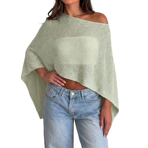 Womens Sheer Poncho Top Y2k Knitted Summer Asymmetrical Mesh Shawl Pullover Sweater Cover Up Tops (US, Alpha, One Size, Regular, Regular, Green)