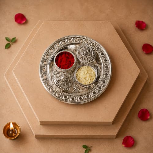 Image of Oblivion Rakhi Combo Set of 7 - Multicolor Designer Rakhis with Silver Pooja Thali, Roli Chawal, Silver Coin and Greeting Card for Raksha Bandhan Brother Gift
