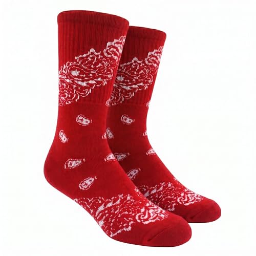 COUVER Unisex Bandana Crew Socks, Red White Bandana, 10-13